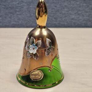 Czechoslovakian Hand Painted Bohemian Glass Bell Green Gold Enameled Flower READ